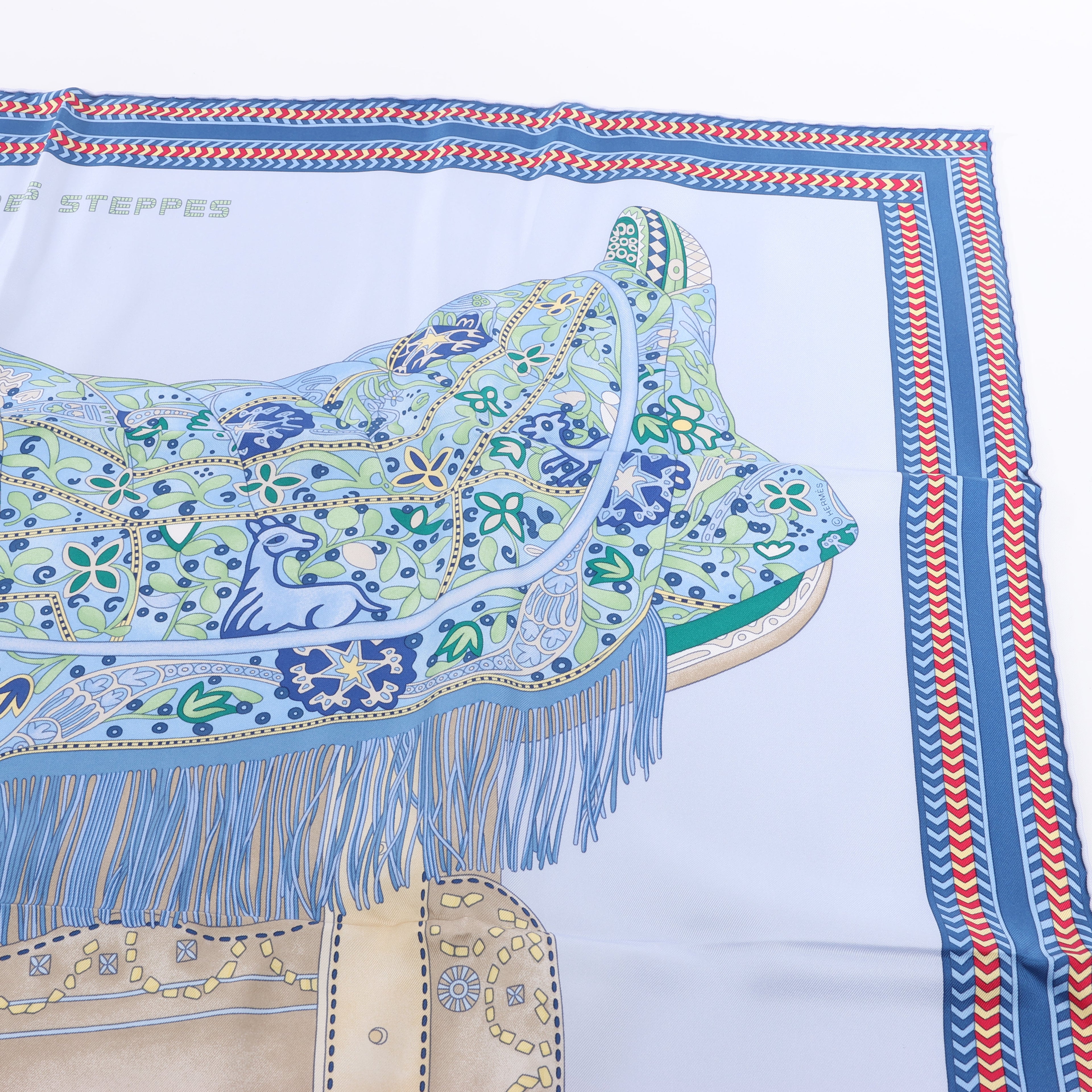 Hermès Carré 90 "Selle des Steppes" 100% Silk Scarf in Blue