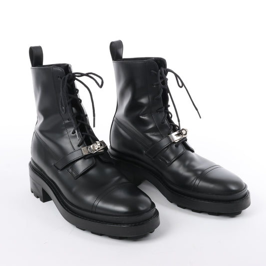 Hermes Funk Lederstiefelette Kelly Metal Fittings in Schwarz, Größe 38,5 EU