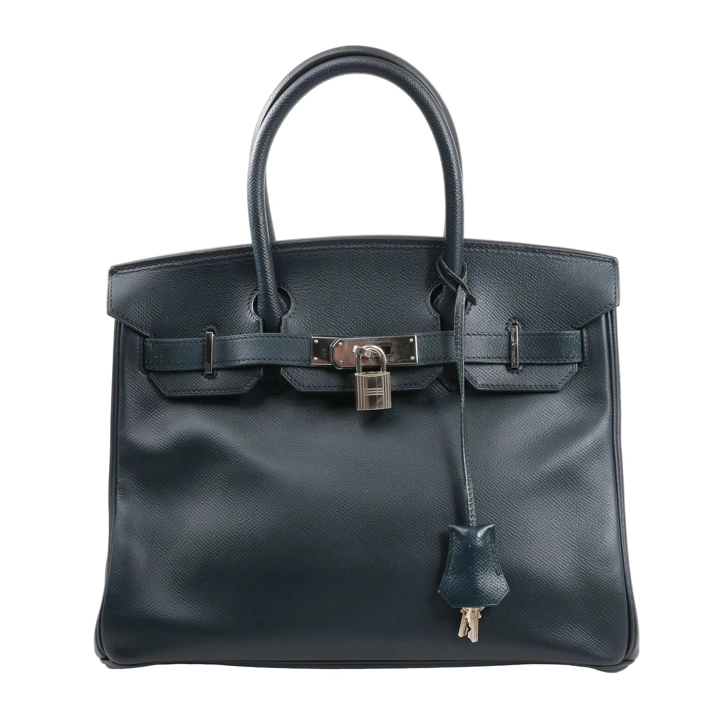 Hermès Birkin 30 handbag in navy blue Veau Epsom leather with dual rolled handles, palladium-tone hardware, front flap, lock and key clochette, and signature belted closure.
