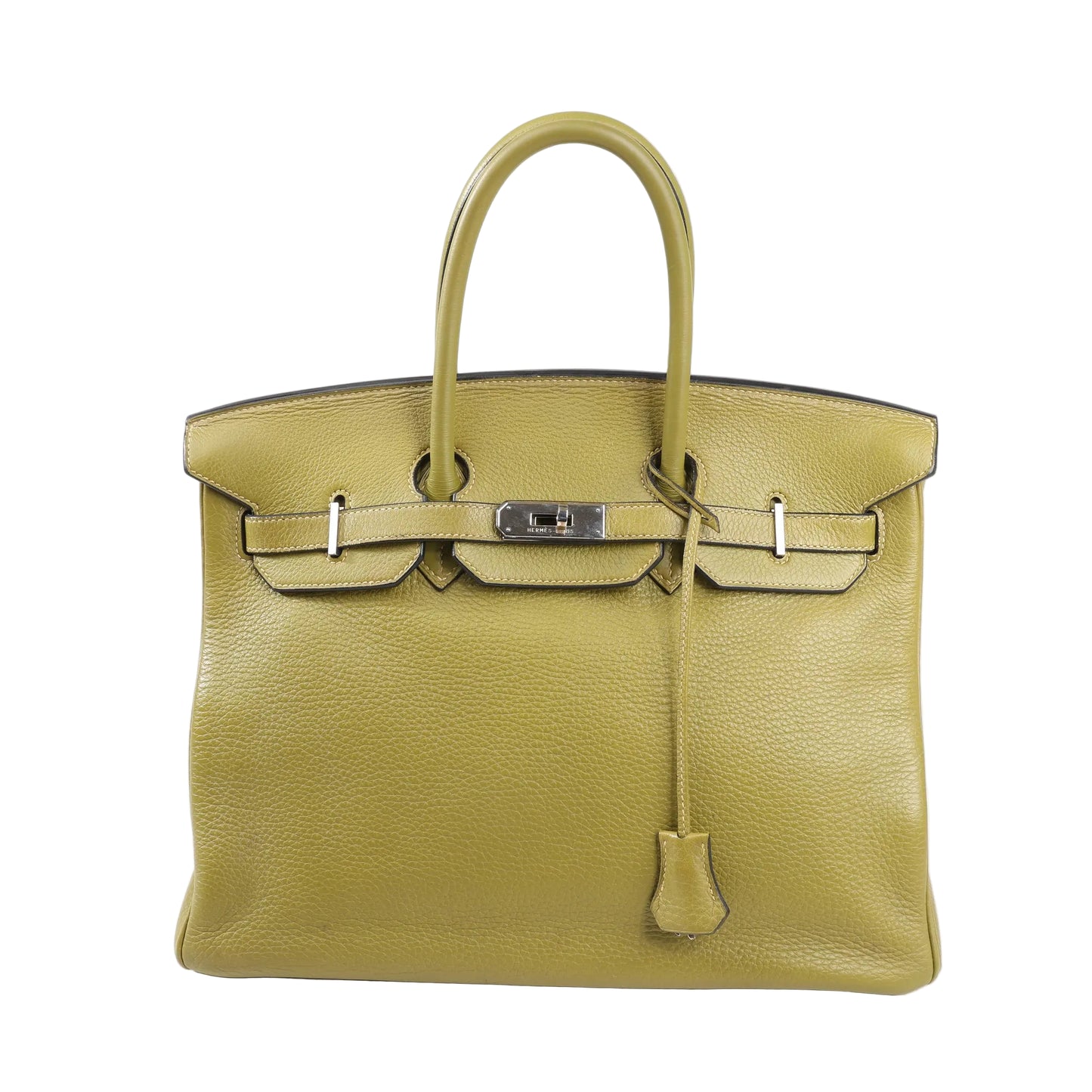 Front view of a Hermès Birkin 35 handbag in Anise Green Taurillon Clemence leather, featuring dual rolled handles, palladium hardware, and a signature flap with turn-lock closure.