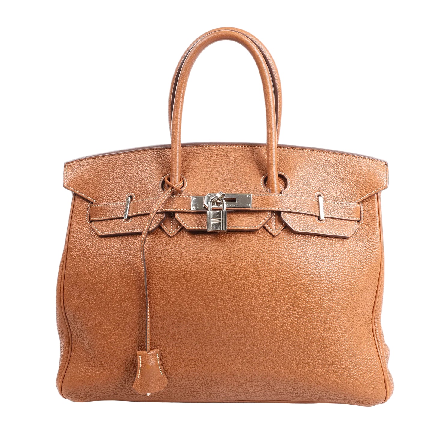 Front view of the HERMÈS Birkin 35 Le Tournay handbag in gold Togo leather, featuring dual top handles, silver-tone hardware, a turn-lock closure with padlock, and clochette, set against a white background.