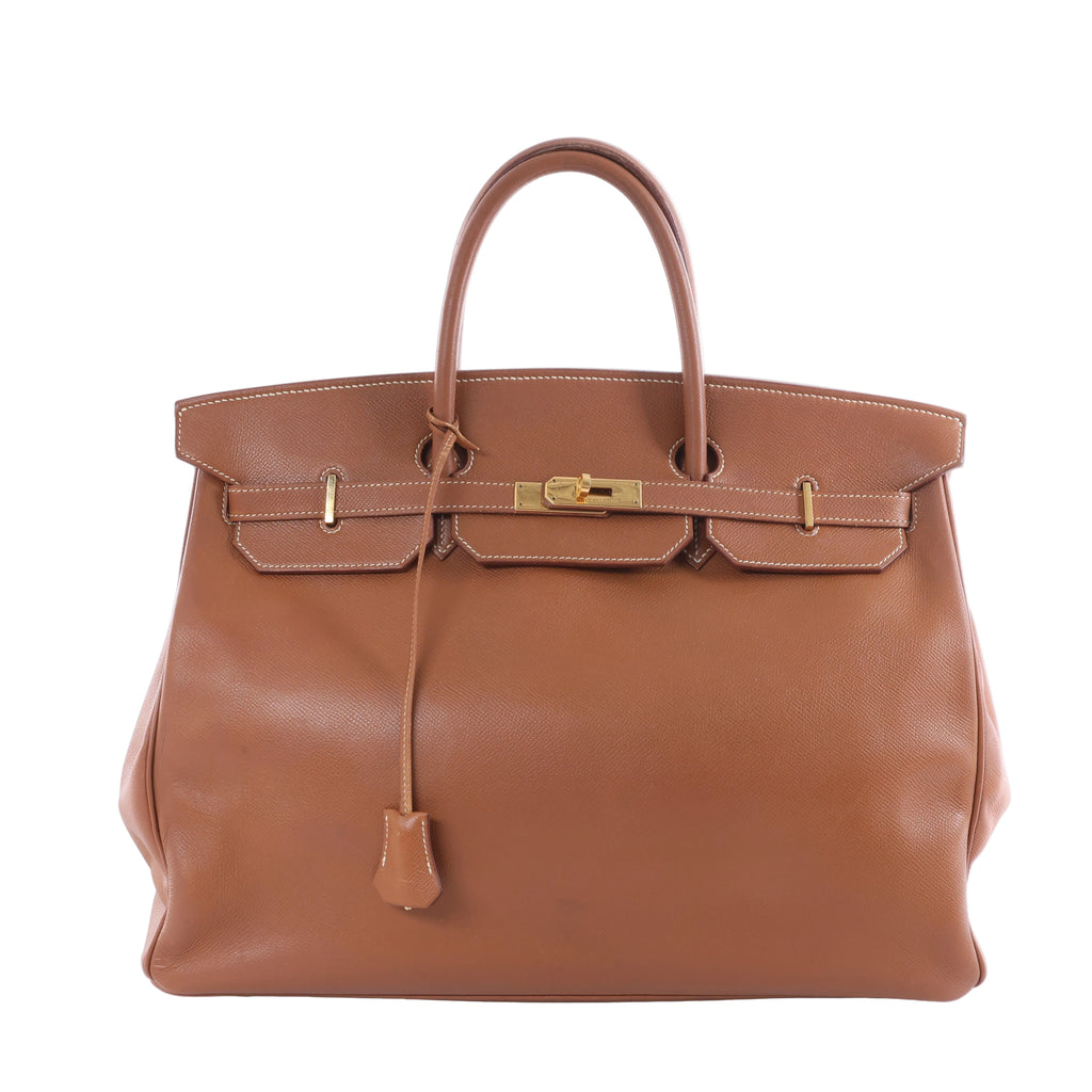 Brown Hermès Birkin 40 leather handbag with dual top handles, white contrast stitching, front straps, clochette and gold-tone hardware.