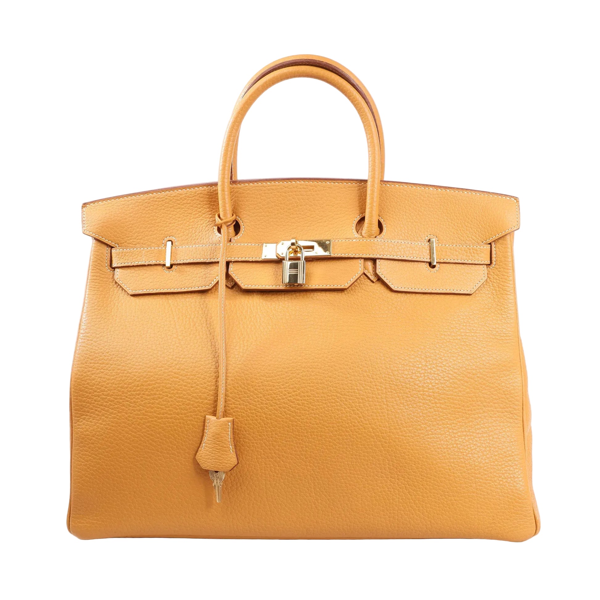 Hermès Birkin 40 handbag in Natural Sable Fjord leather featuring gold-tone hardware, dual top handles, belted flap closure with padlock and key, and a spacious structured shape.
