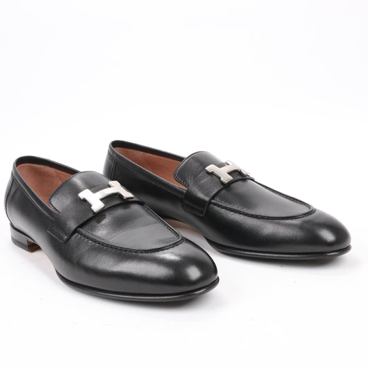 HERMES Paris Leather Loafers in Black, Size 38.5 EU