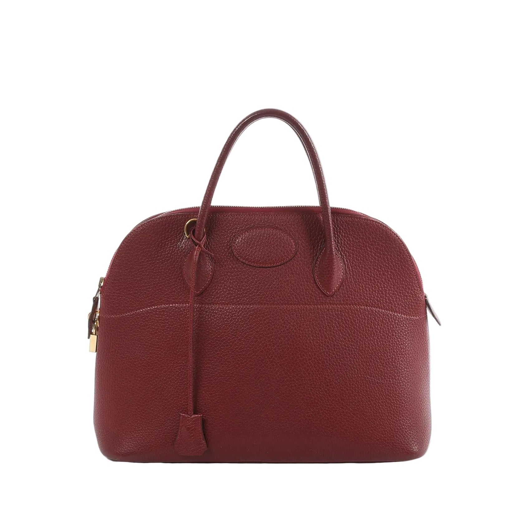 Hermès Bolide 35 handbag in red pebbled leather with top handles, zip-around closure, hanging clochette, and gold-tone hardware on a white background.