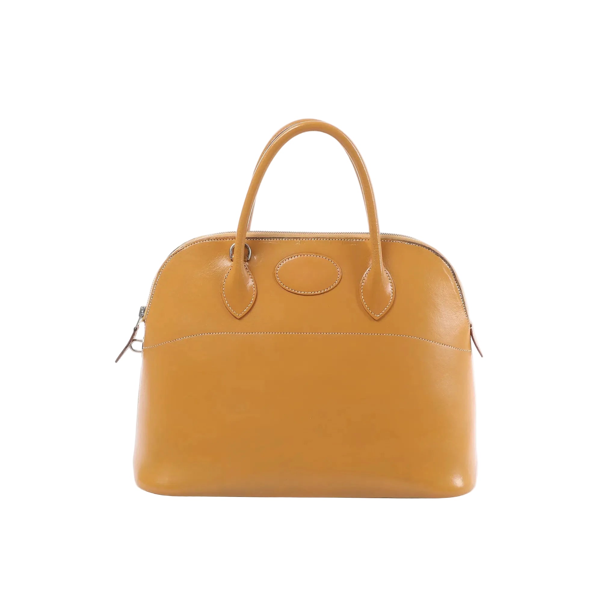 Hermès Bolide 35 natural brown leather handbag with top zip closure, double top handles, oval front patch detail, and silver-tone hardware on white background