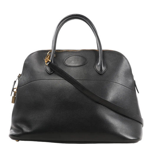 HERMÈS Bolide 35 handbag in black Veau Gulliver leather with rounded silhouette, top handles, detachable shoulder strap, and gold-tone lock and hardware.