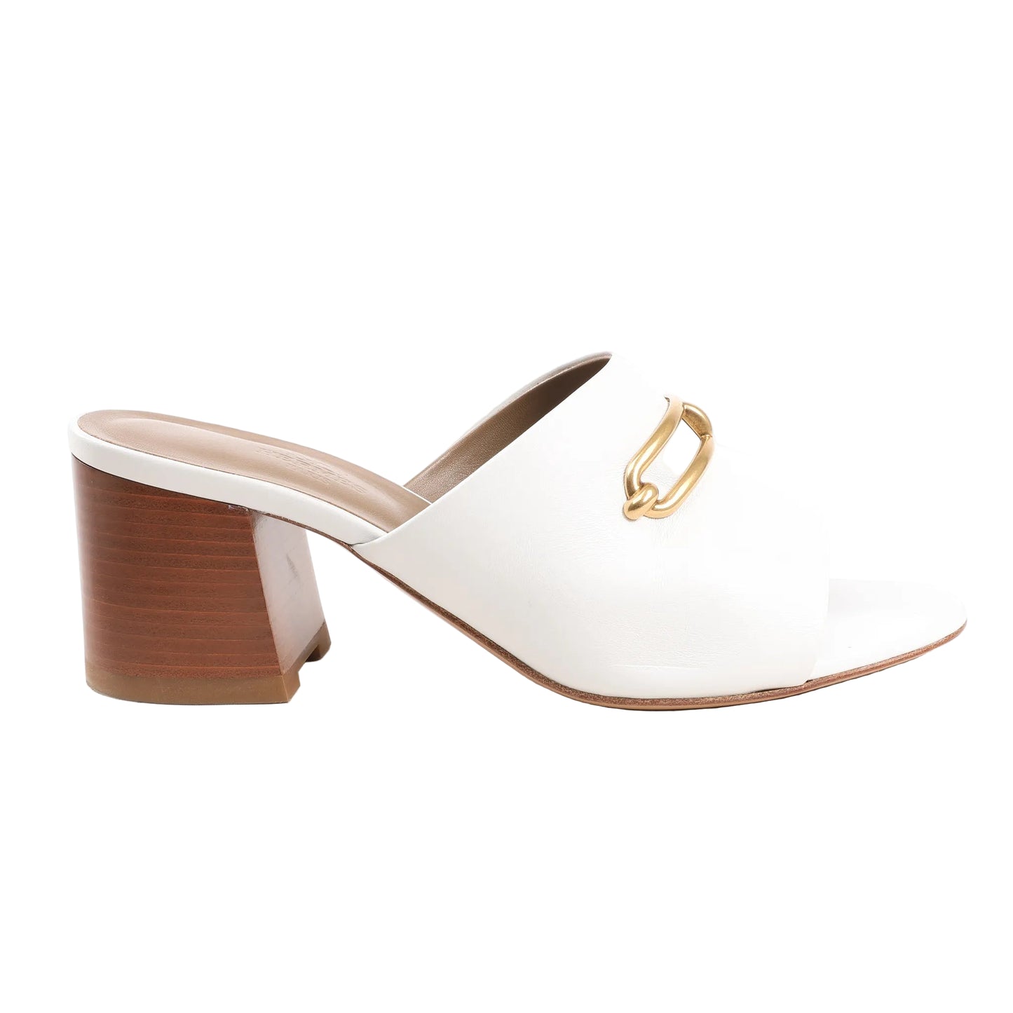 Hermès Camilla white leather mule sandal with gold-tone Louris buckle and mid-height wooden block heel, size 37.5 EU.