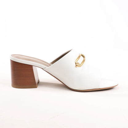 Hermès Camilla Leather Louris Buckle Mule Sandals in White, Size 37.5 EU
