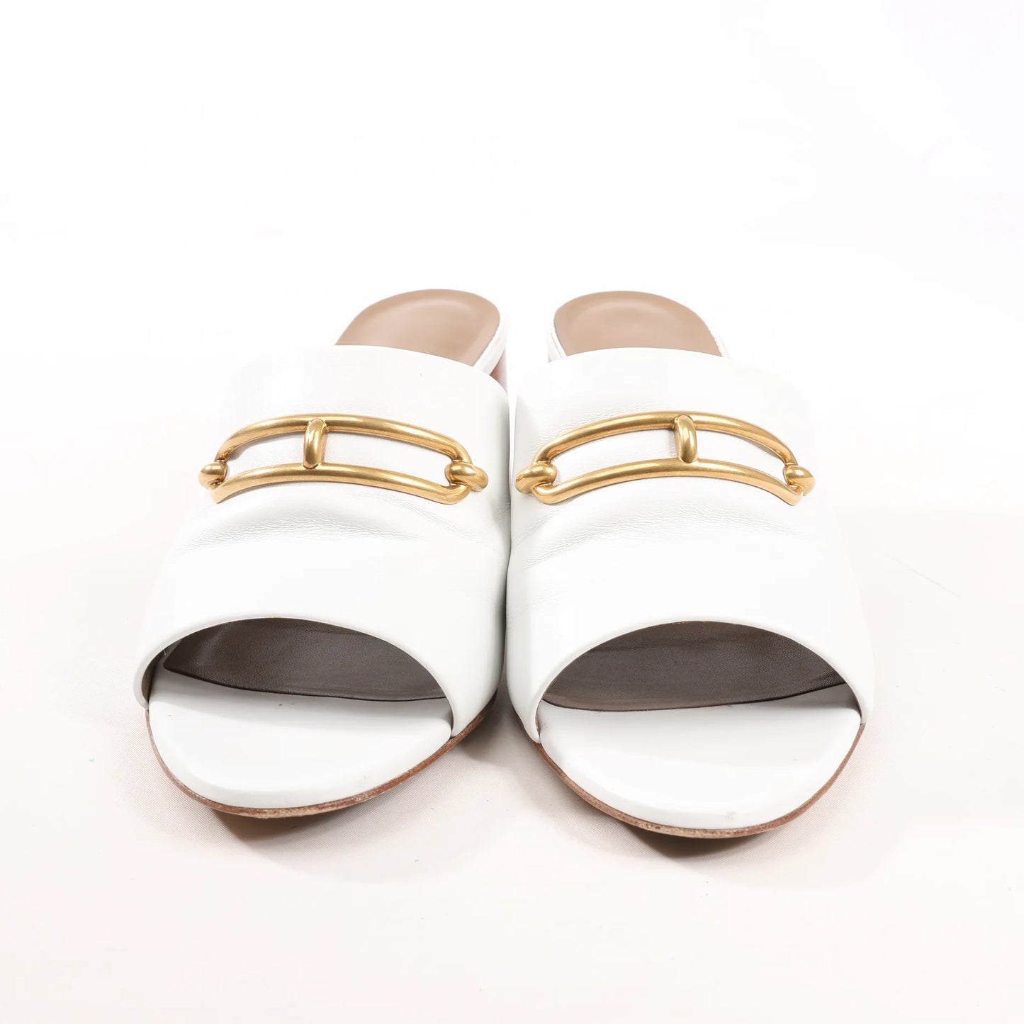 Hermès Camilla Leather Louris Buckle Mule Sandals in White, Size 37.5 EU
