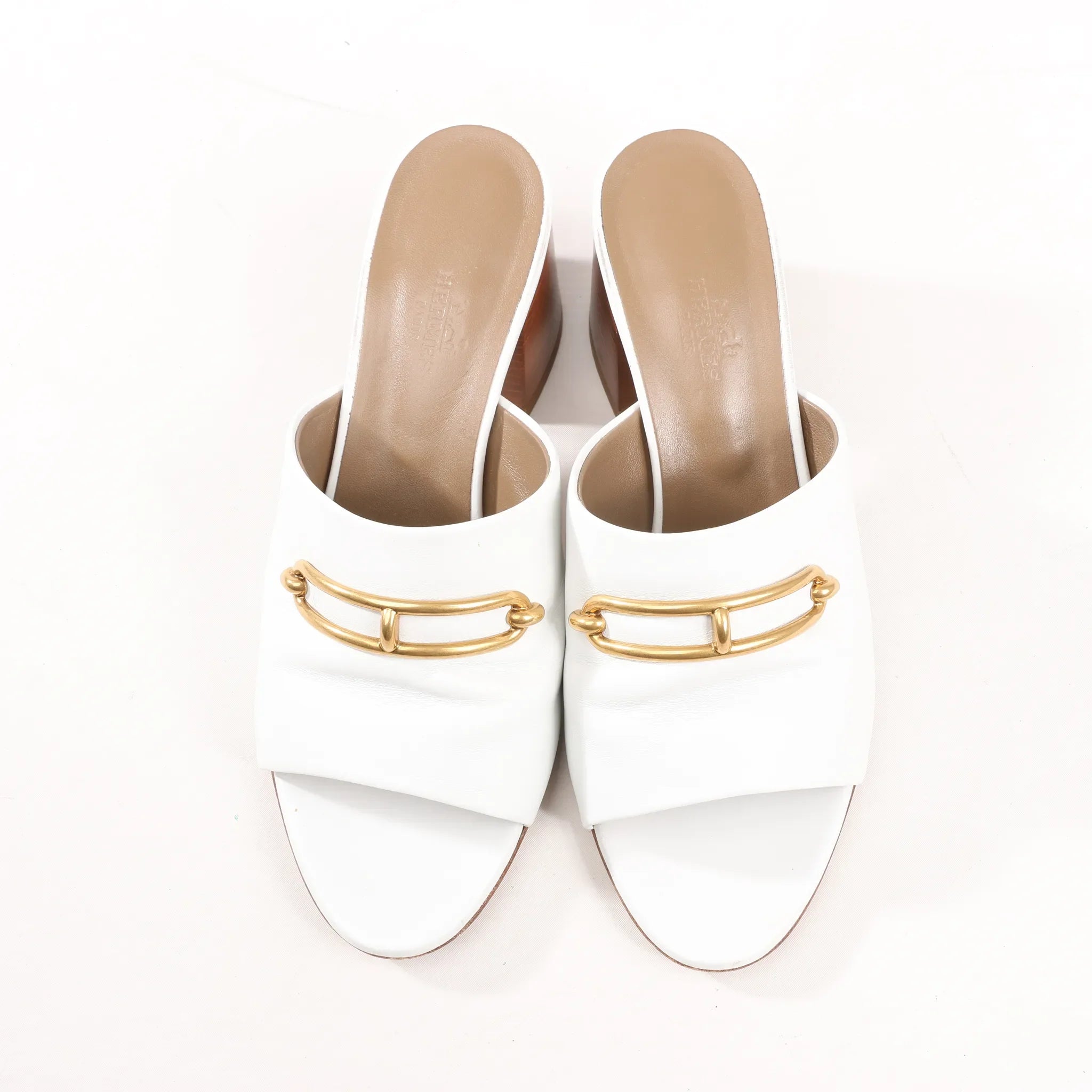 Hermès Camilla Leather Louris Buckle Mule Sandals in White, Size 37.5 EU