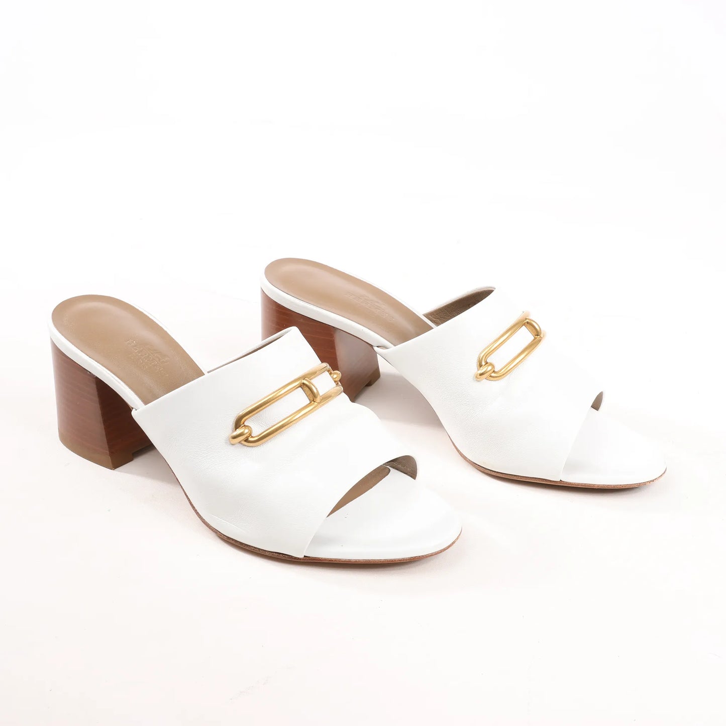 Hermès Camilla Leather Louris Buckle Mule Sandals in White, Size 37.5 EU