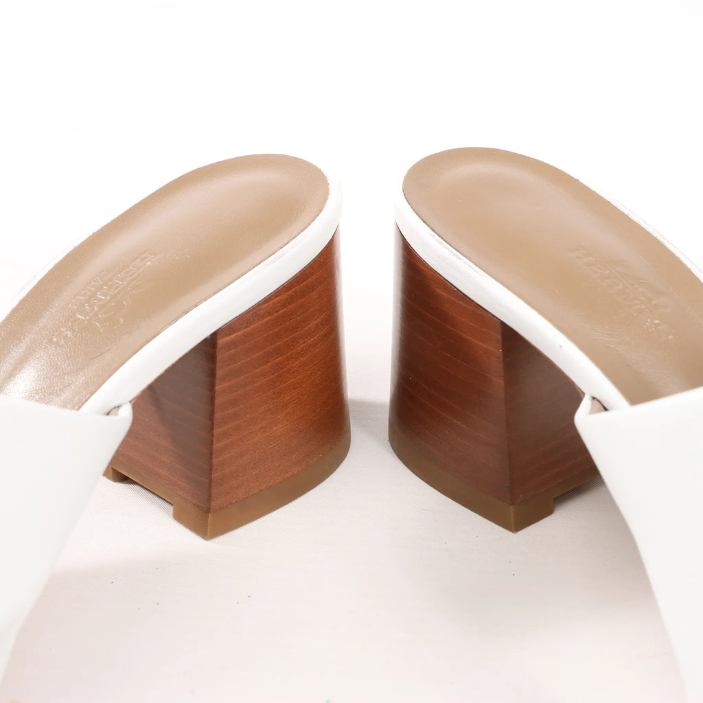 Hermès Camilla Leather Louris Buckle Mule Sandals in White, Size 37.5 EU