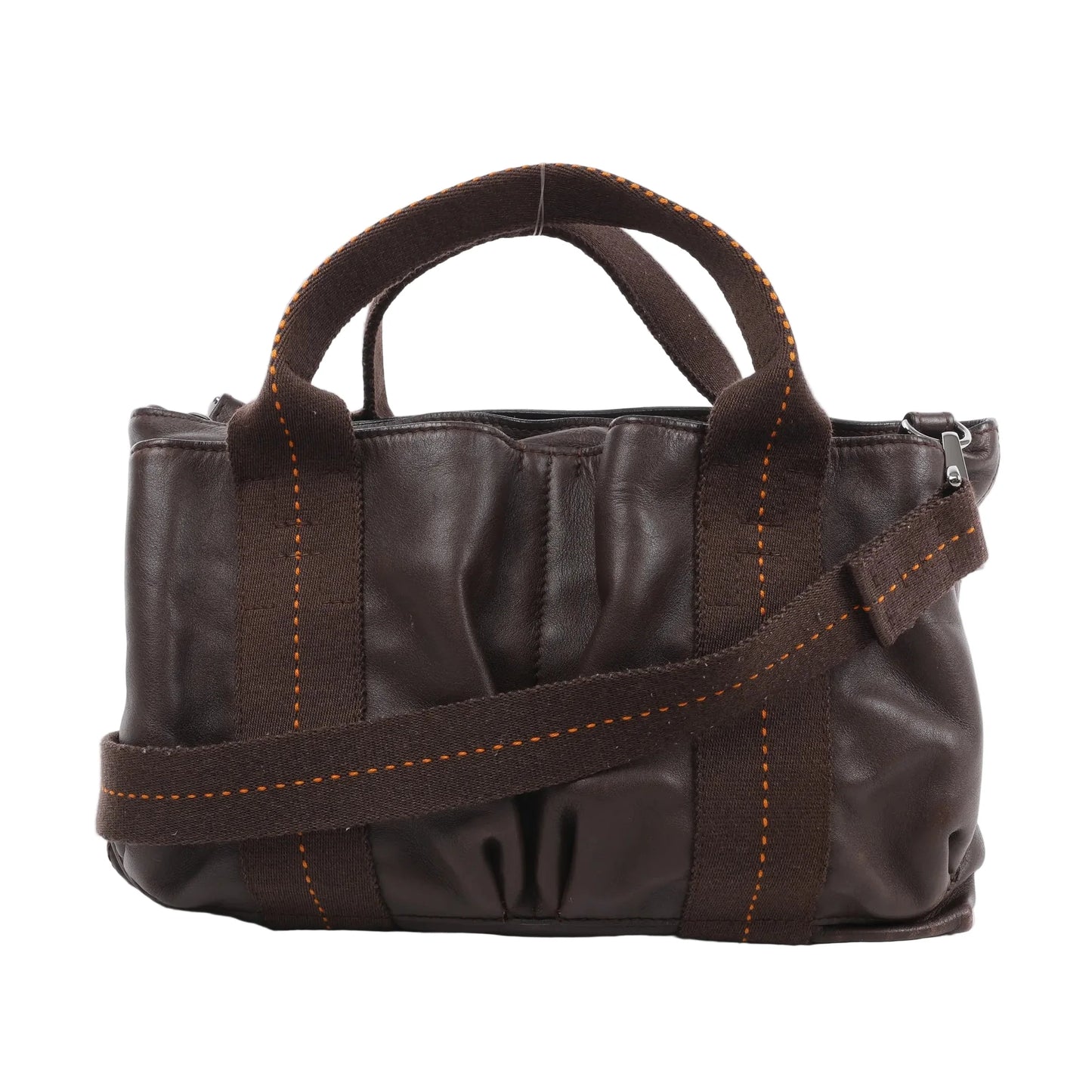Front view of the Hermès Caravan Horizontal PM 2Way Handbag in Chocolat brown Veau Derma leather, showcasing soft gathered leather texture, dark brown fabric handles and strap with orange stitching, and silver-tone hardware, displayed against a white background.