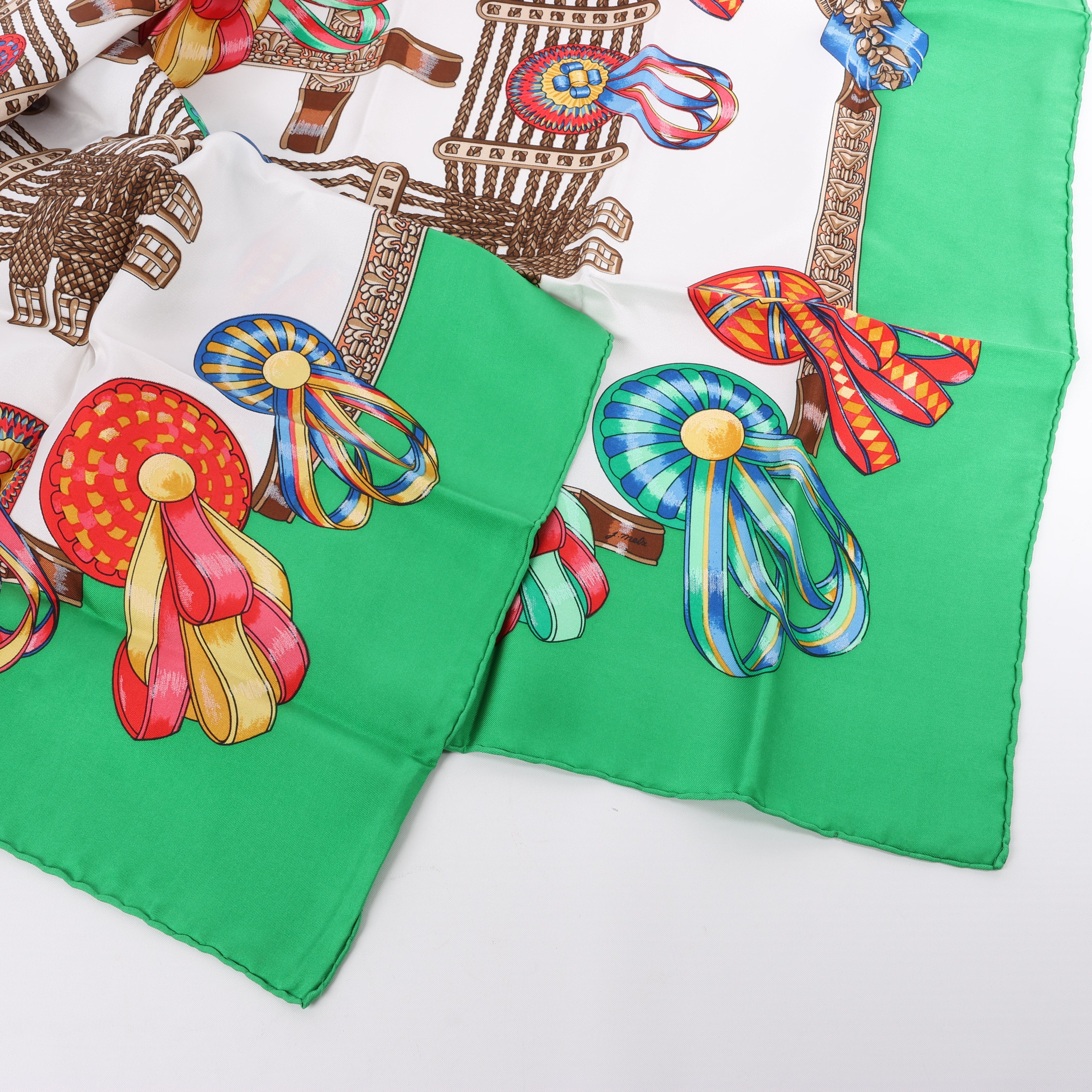 Hermès Carré 90 "Les Rubans du Cheval" Silk handkerchief in Green