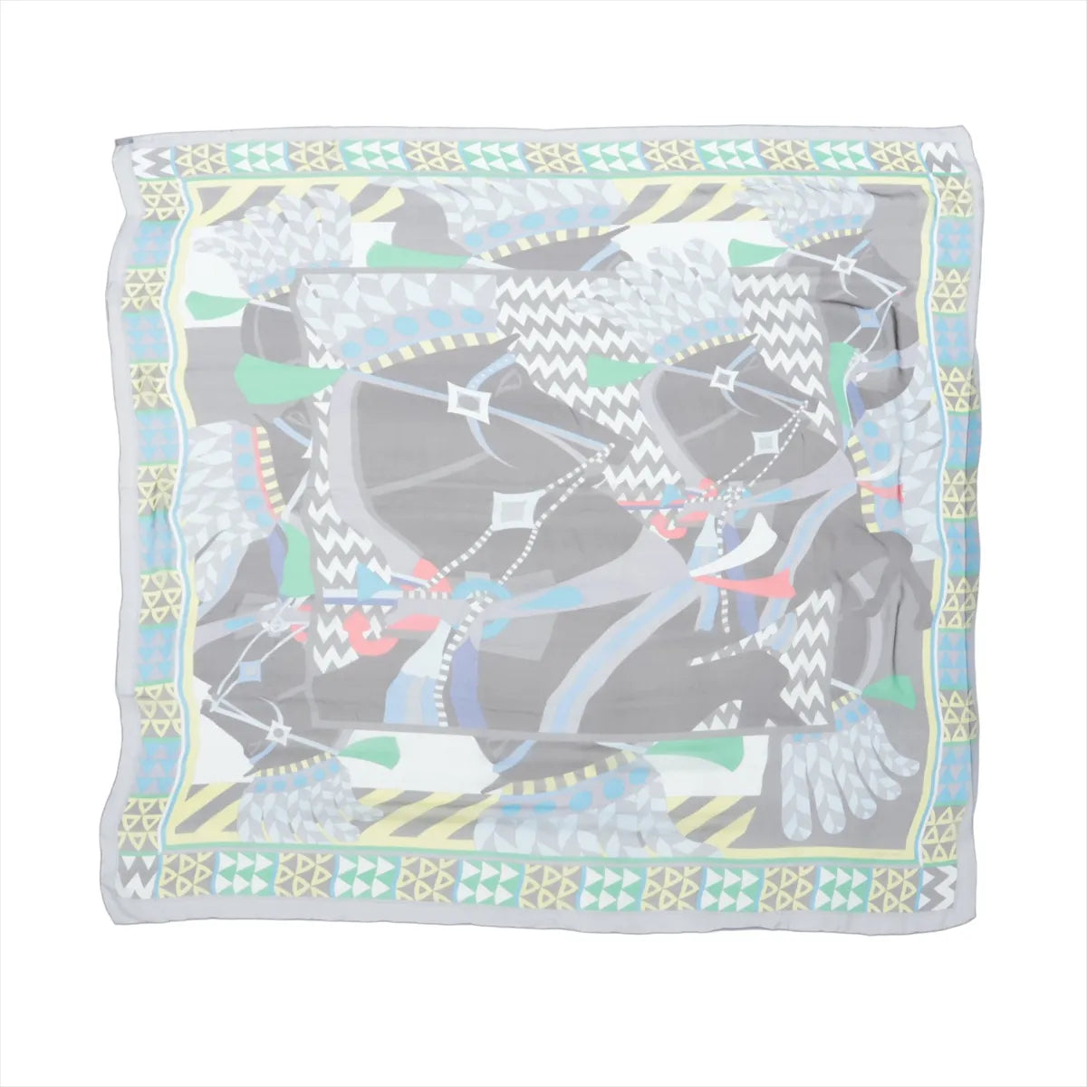 Hermès Carré 140 "Chevaux de Karnak" silk handkerchief in gray featuring abstract horse illustrations with colorful geometric patterns and a decorative border.