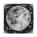 Hermès Carré 140 black cashmere-silk scarf with large moon illustration, stars, comets, and “Clair de Lune” text, laid flat