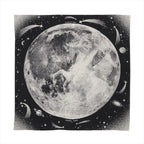 Hermès Carré 140 black cashmere-silk scarf with large moon illustration, stars, comets, and “Clair de Lune” text, laid flat