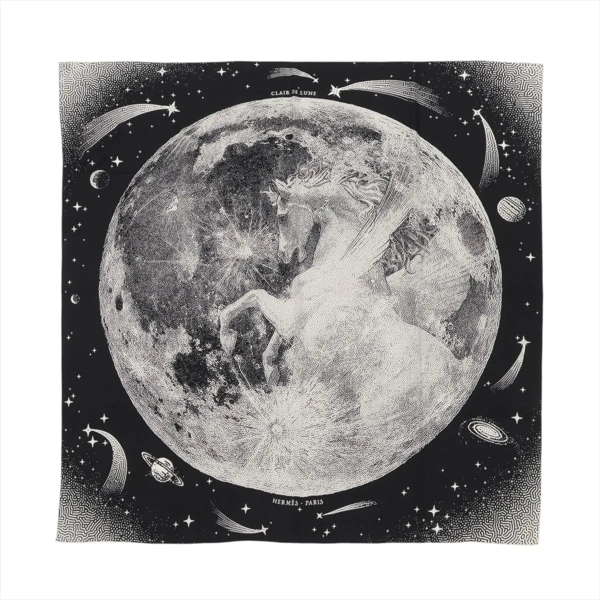 Hermès Carré 140 black cashmere-silk scarf with large moon illustration, stars, comets, and “Clair de Lune” text, laid flat