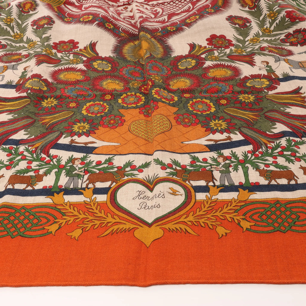 Hermès Carré 140 "Decoupages" Cashmere x Silk handkerchief in Orange