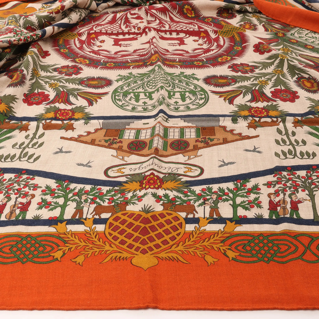Hermès Carré 140 "Decoupages" Cashmere x Silk handkerchief in Orange