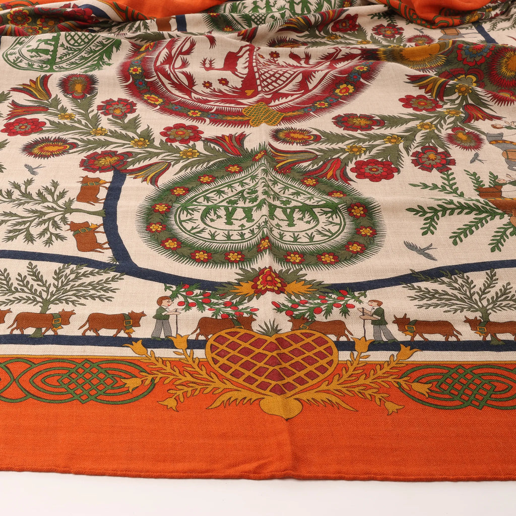 Hermès Carré 140 "Decoupages" Cashmere x Silk handkerchief in Orange