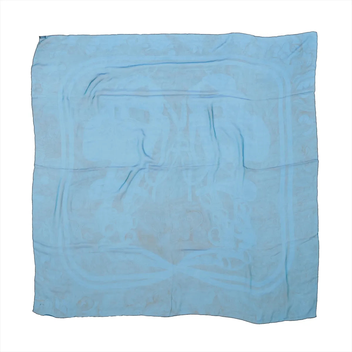 Light blue Hermès Carré 140 silk scarf with a subtle tonal equestrian-inspired pattern and softly defined border.