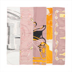 Hermès Carré 140 silk scarf in pink and beige with panelled design featuring equestrian hardware motifs and orange carriage wheel graphic, laid flat on white background.