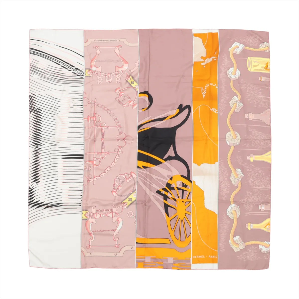 Hermès Carré 140 silk scarf in pink and beige with panelled design featuring equestrian hardware motifs and orange carriage wheel graphic, laid flat on white background.