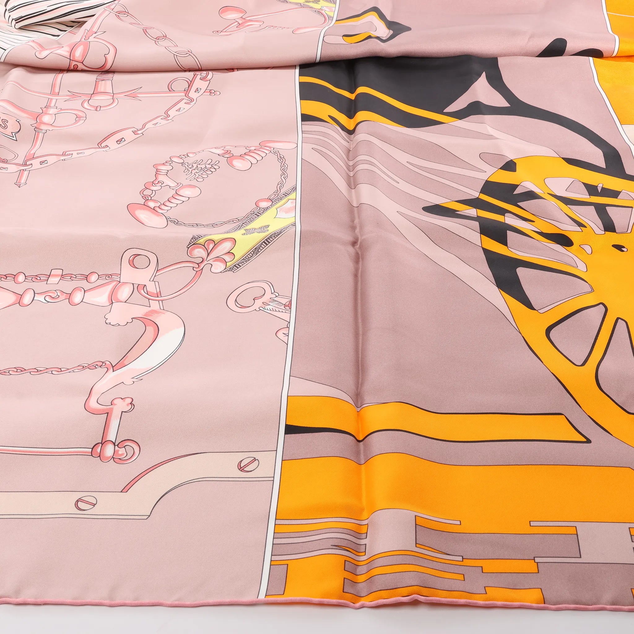 Hermès Carré 140 "Caleche Mors et Bouteilles" Silk handkerchief in Pink x Beige