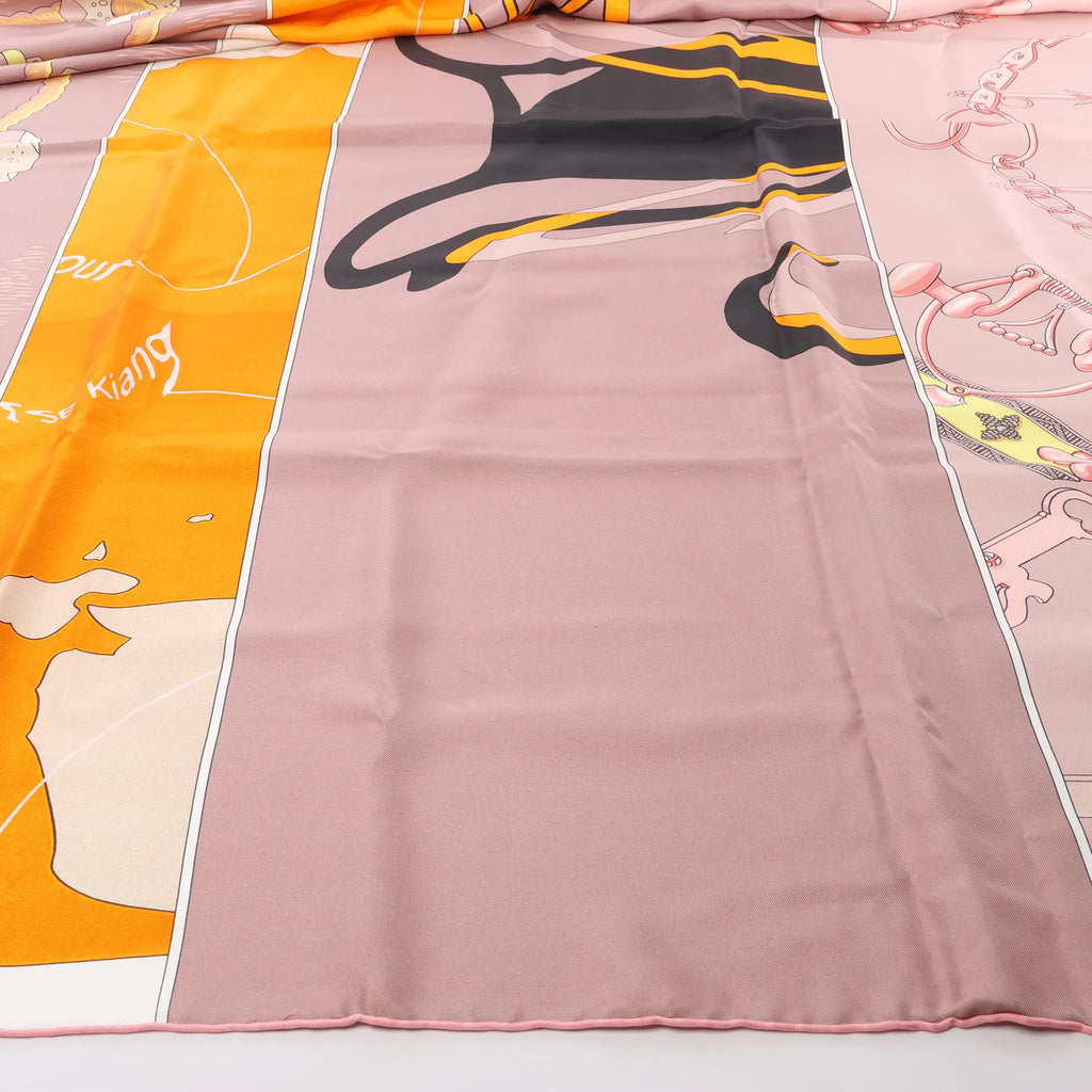 Hermès Carré 140 "Caleche Mors et Bouteilles" Silk handkerchief in Pink x Beige