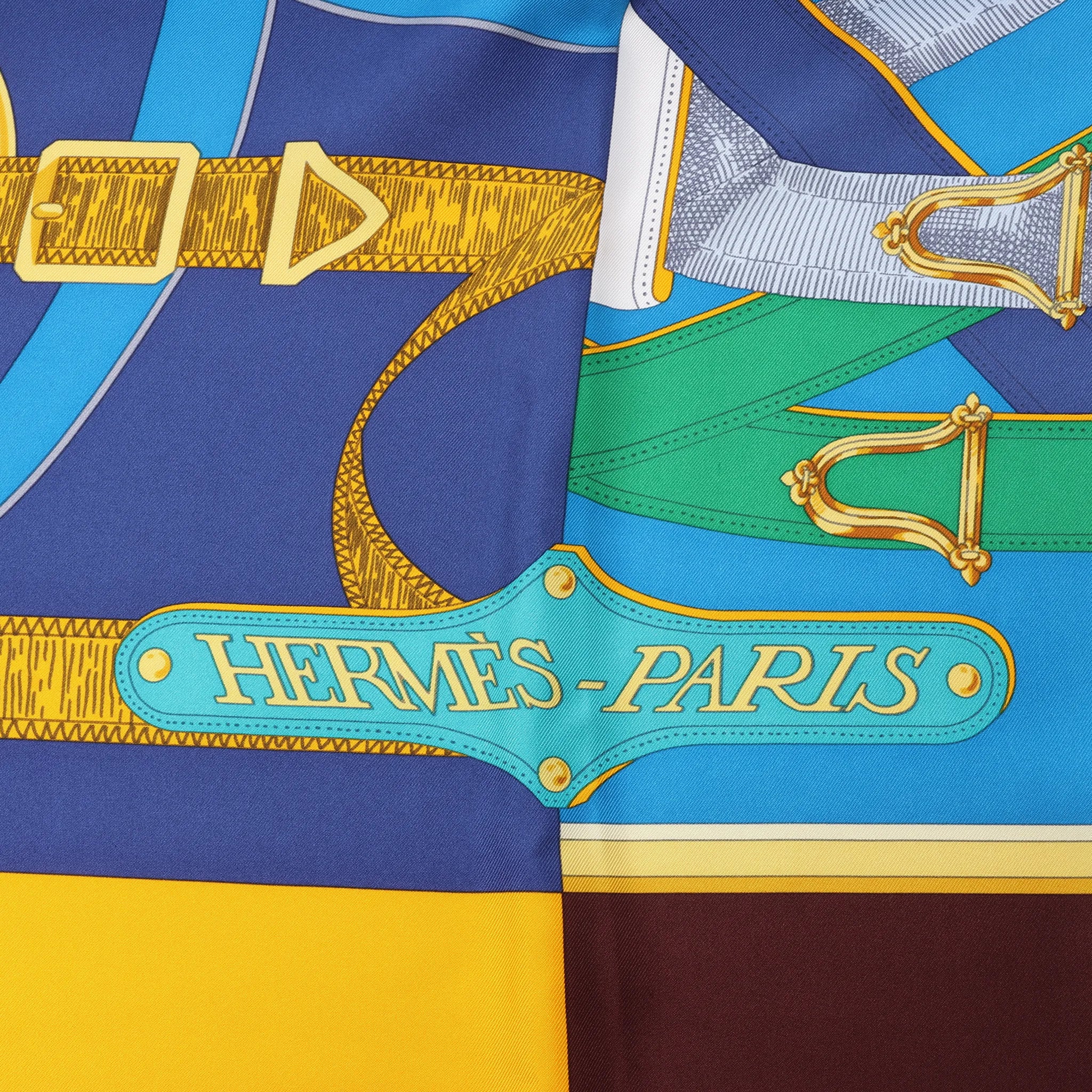 Hermès Carré 140 "Eperon d'Or" Silk handkerchief in Blue x Brown