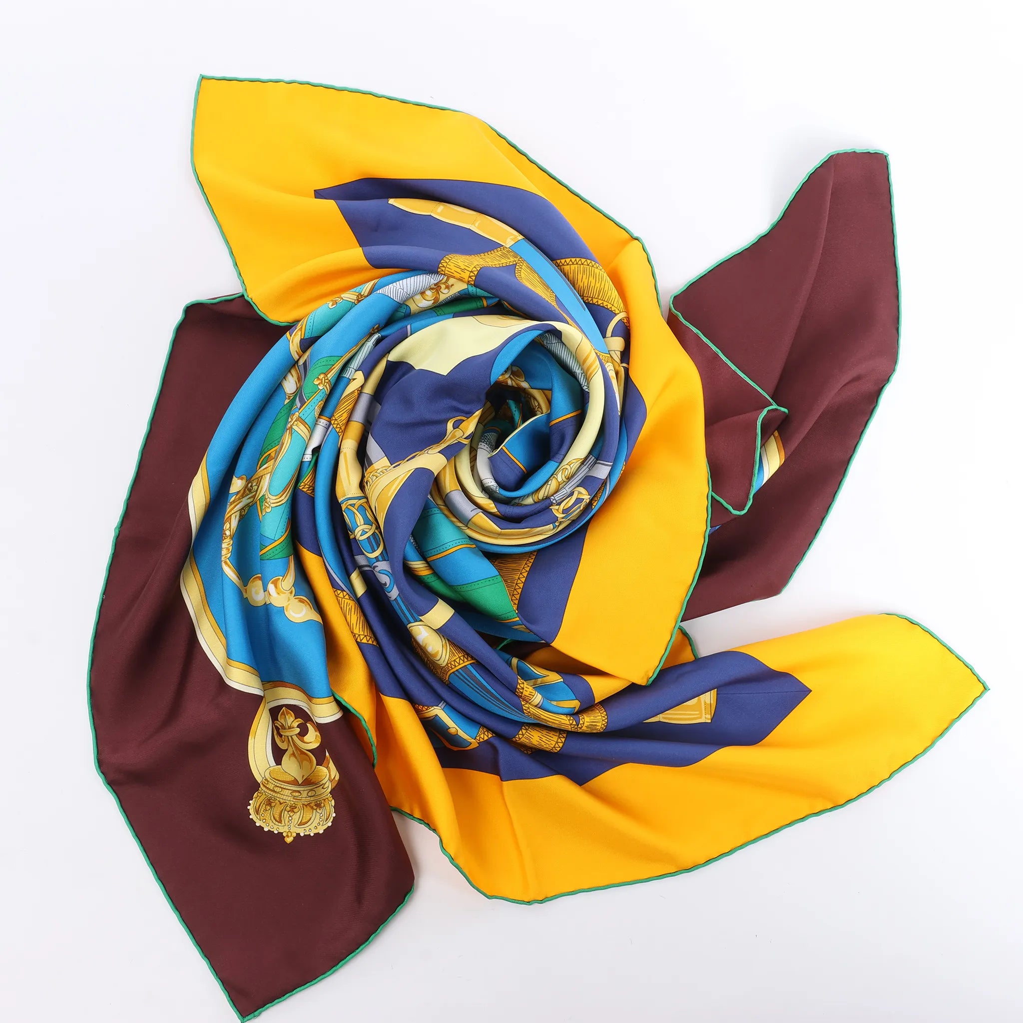 Hermès Carré 140 "Eperon d'Or" Silk handkerchief in Blue x Brown