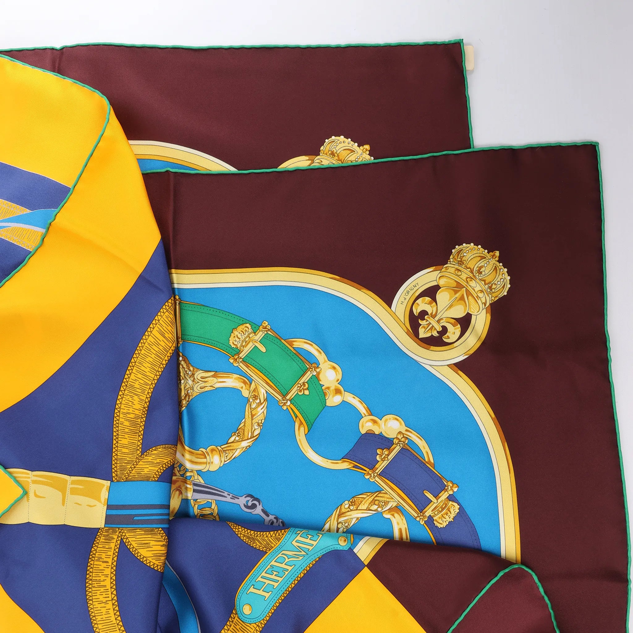 Hermès Carré 140 "Eperon d'Or" Silk handkerchief in Blue x Brown