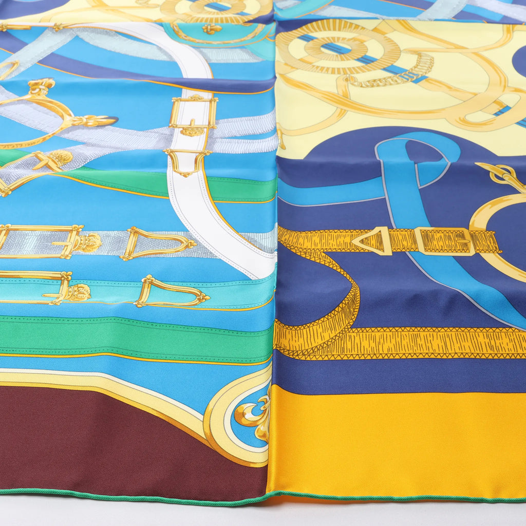 Hermès Carré 140 "Eperon d'Or" Silk handkerchief in Blue x Brown