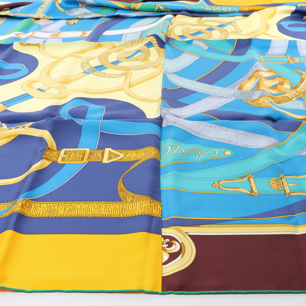 Hermès Carré 140 "Eperon d'Or" Silk handkerchief in Blue x Brown
