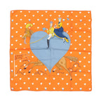 Hermès Carré 70 orange silk scarf with white heart pattern, blue heart center, and illustration of two figures riding a horse with tea cup details.