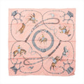 Hermès Carré 70 “Pampa Prairie” silk scarf in pink with equestrian rider and horse illustrations and looping rein and tack motif.