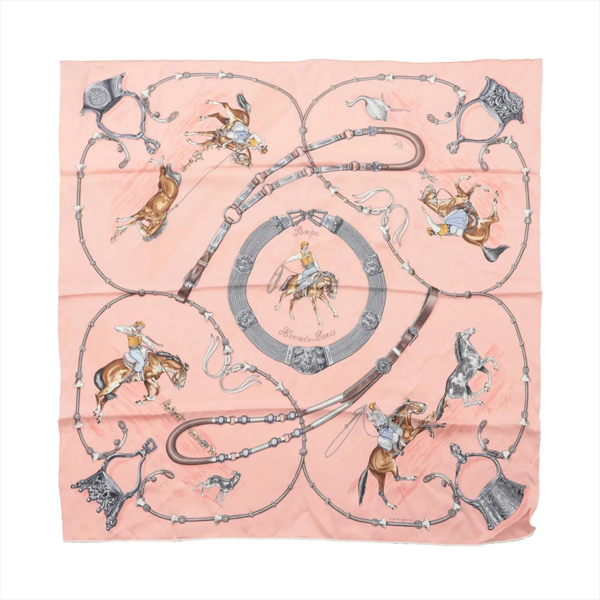 Hermès Carré 70 “Pampa Prairie” silk scarf in pink with equestrian rider and horse illustrations and looping rein and tack motif.