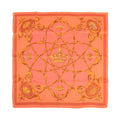 Hermès Carré 70 orange silk scarf with gold crown motif, ornate scrollwork border, and “Hermès Paris” text at bottom on white background