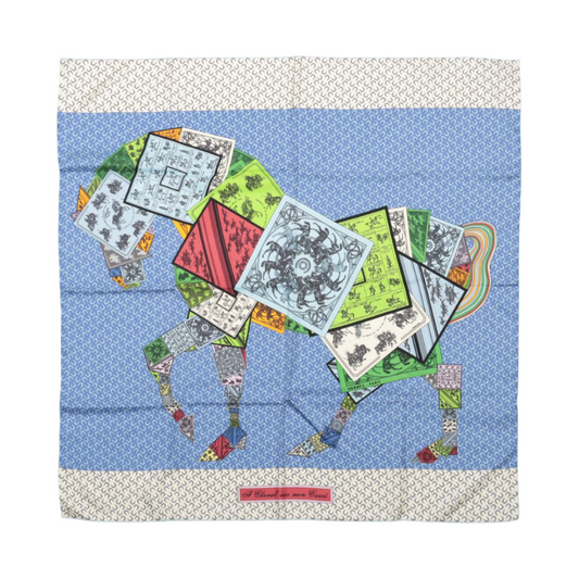 Hermès Carré 90 "À Cheval Sur Mon Carré" 100% Silk Scarf in Blue