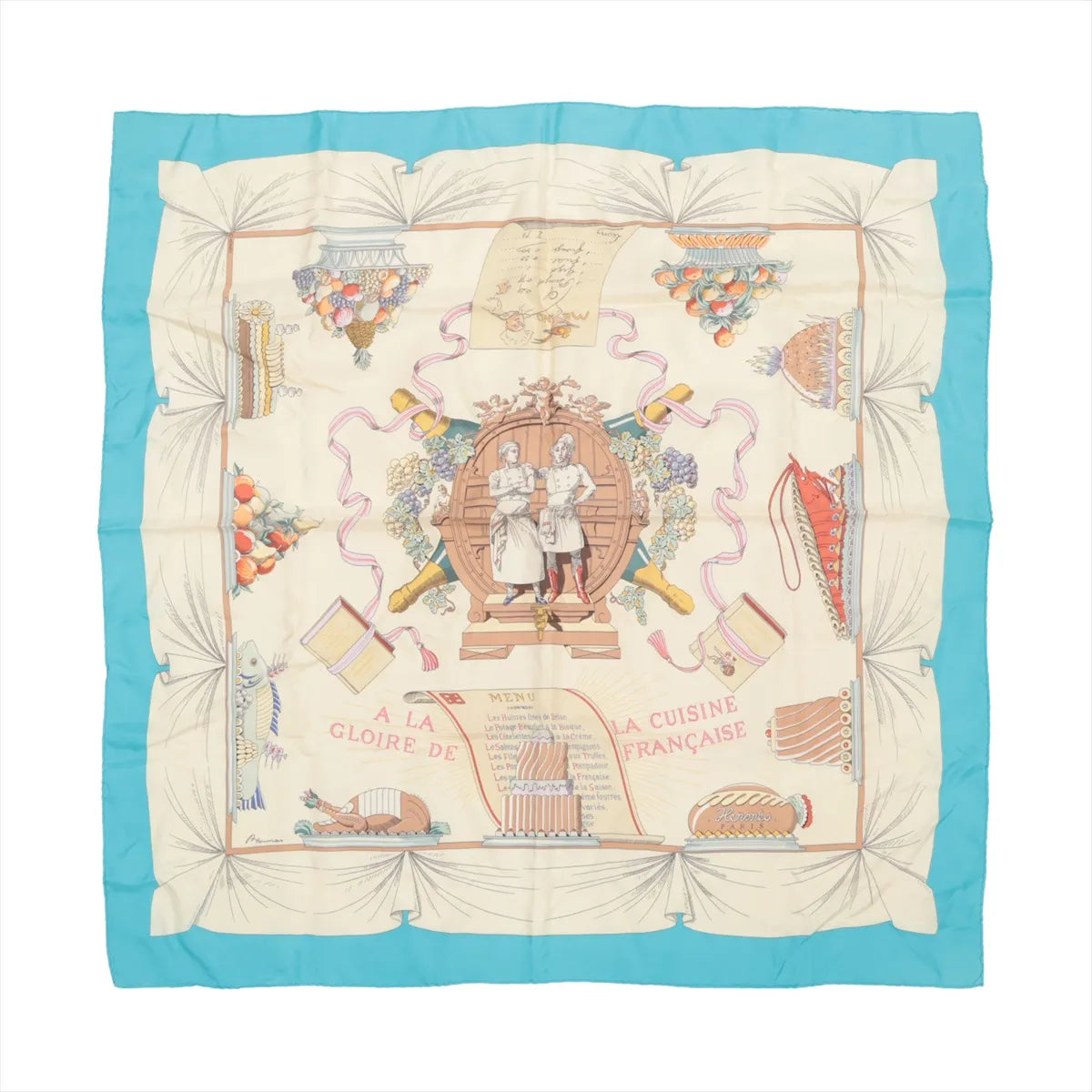 Hermès Carré 90 "À LA GLOIRE DE LA CUISINE FRANÇAISE" silk scarf in blue and cream, featuring central chefs surrounded by classic French dishes, desserts, kitchen tools, and menus, all framed with an open book motif and light blue border.