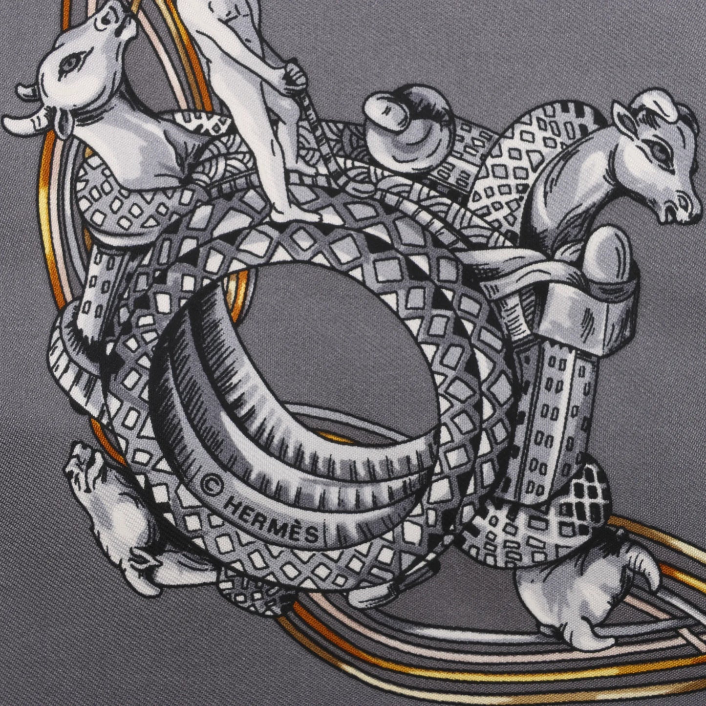 Hermès Carré 90 „ALLIANCES DU MONDE“ Seidentaschentuch in Grau