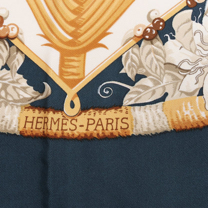 Hermès Carré 90 "ALOHA" Silk handkerchief in Navy Blue x Beige