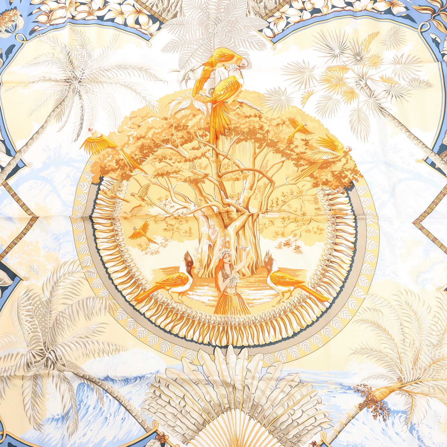 Hermès Carré 90 "ALOHA" Silk handkerchief in Navy Blue x Beige