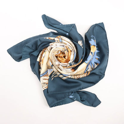 Hermès Carré 90 "ALOHA" Silk handkerchief in Navy Blue x Beige