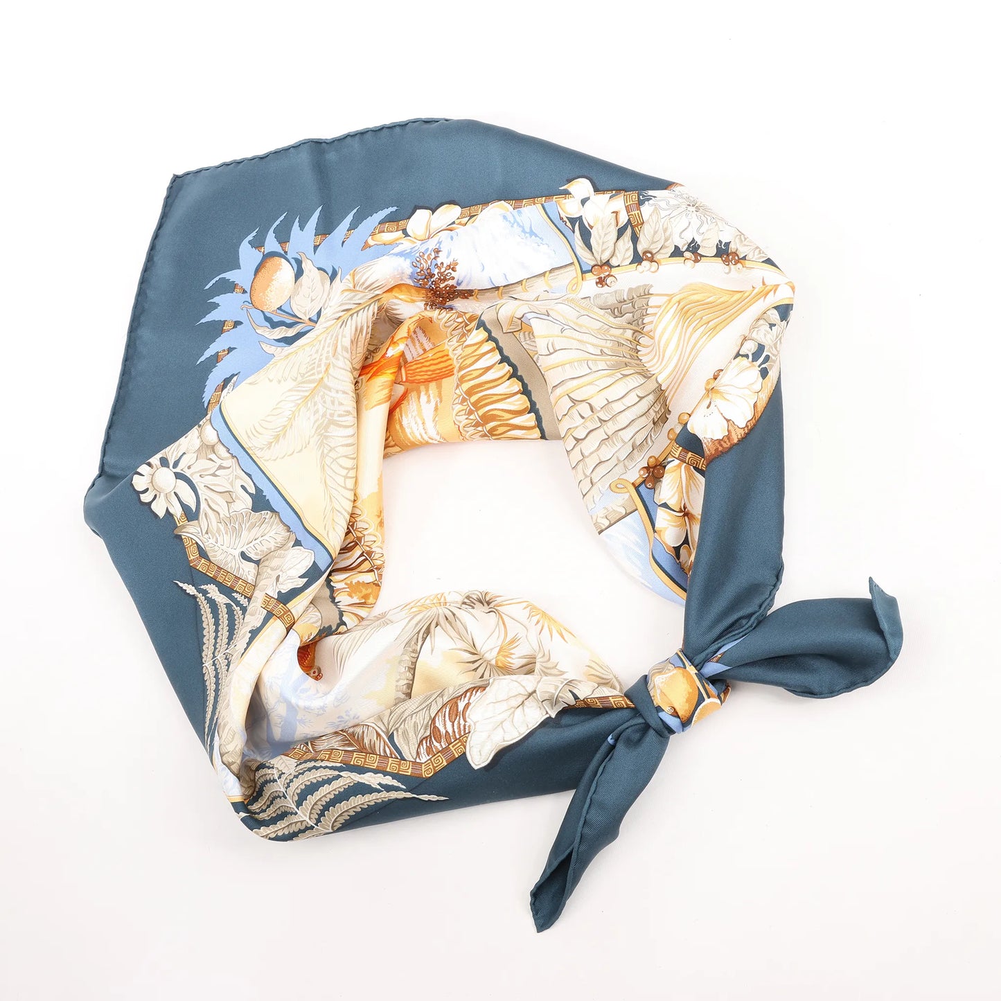 Hermès Carré 90 "ALOHA" Silk handkerchief in Navy Blue x Beige