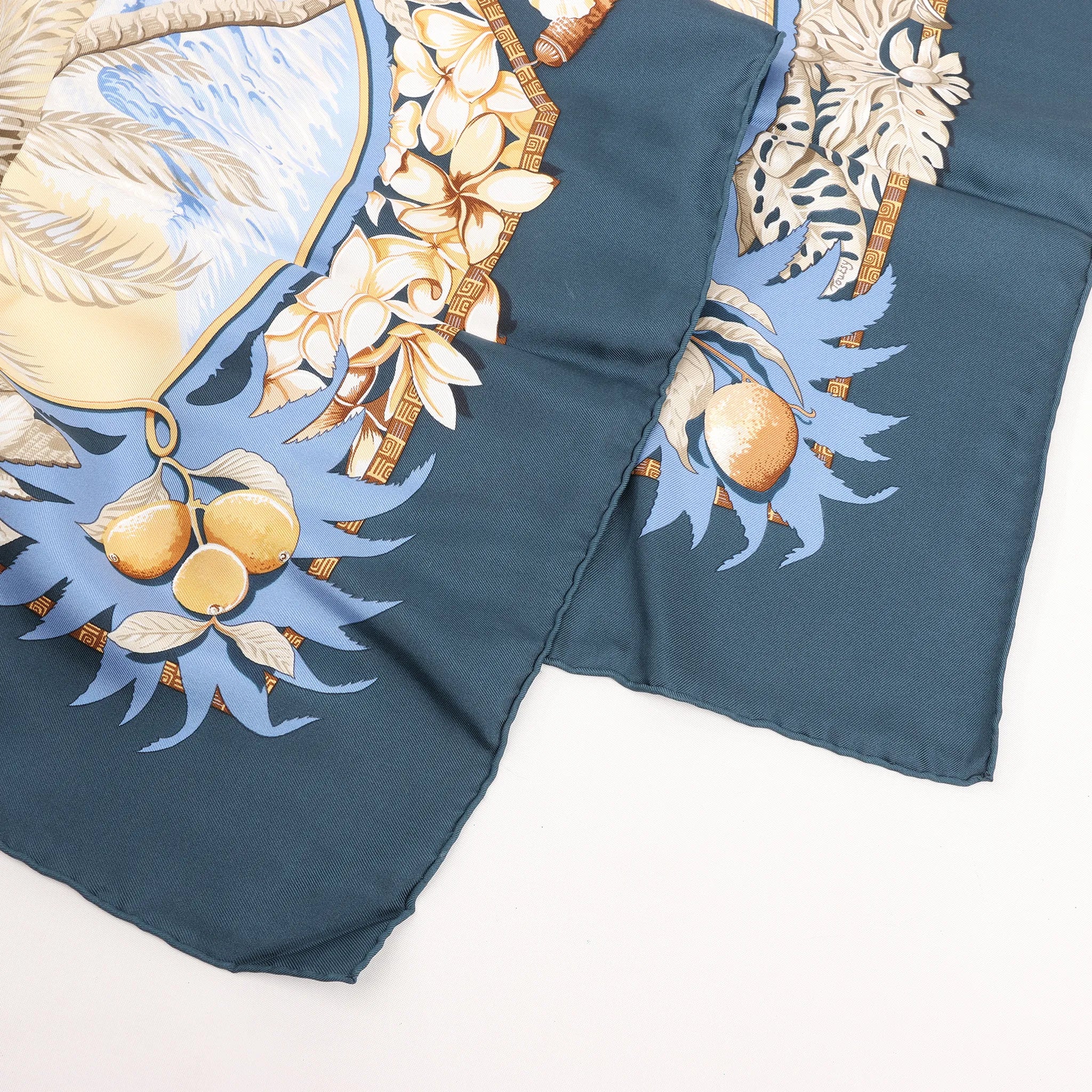Hermès Carré 90 "ALOHA" Silk handkerchief in Navy Blue x Beige