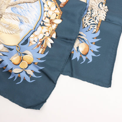 Hermès Carré 90 "ALOHA" Silk handkerchief in Navy Blue x Beige