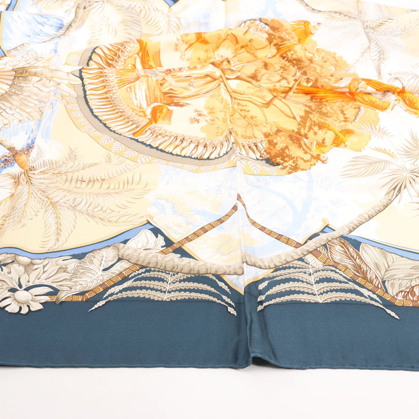 Hermès Carré 90 "ALOHA" Silk handkerchief in Navy Blue x Beige